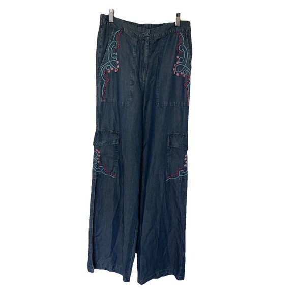Johnny Was Workshop Embroidered Wide Leg High Elastic Waist Pants Denim Blue XS - Picture 1 of 11